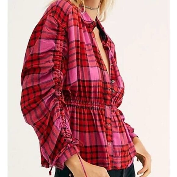 Free People Pacific Dawn Plaid Shirt Hot Pink Red Plaid Snap Button Down Sz. XS - Picture 1 of 8